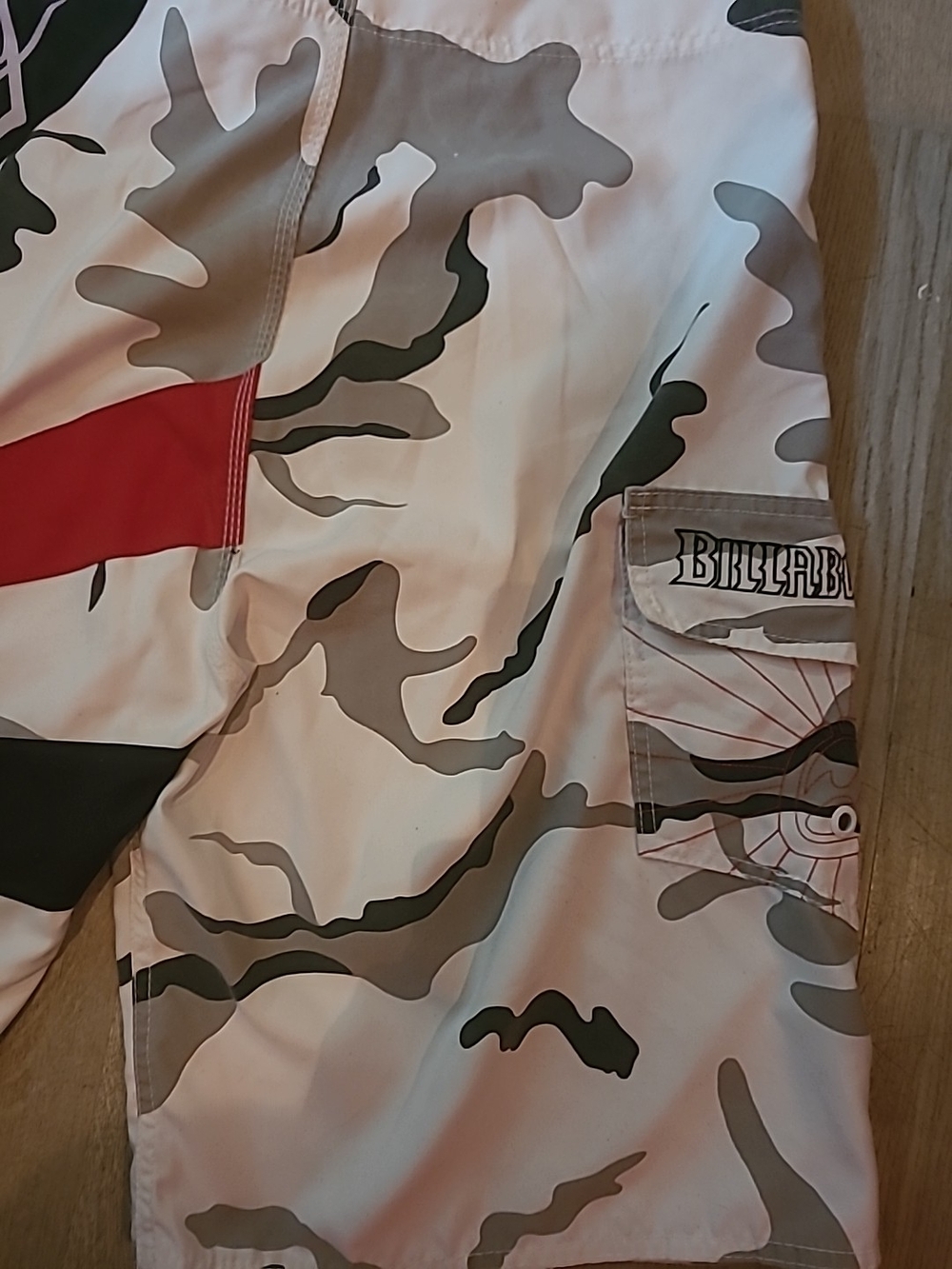 vintage Billabong Andy Irons SignatureBillabong Camo Swim Trunks with Red Accent